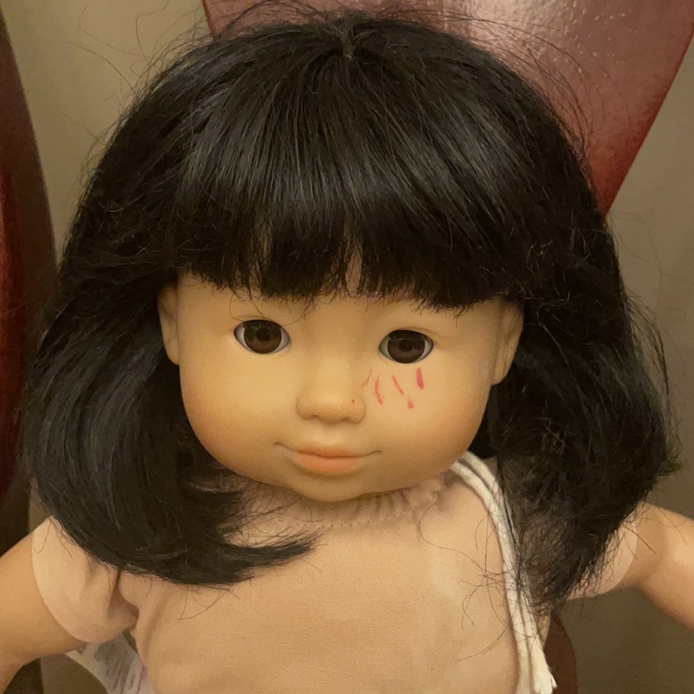 American Girl Bitty Baby doll with black hair, dark brown eyes, marker on face - Picture 2 of 9